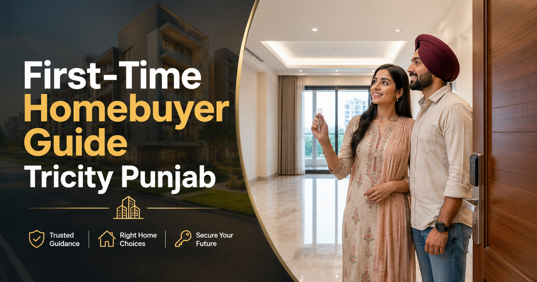 First-time home buyer receiving keys to a modern apartment in Tricity Punjab with Mohali Chandigarh Panchkula real estate in the background